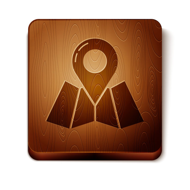 棕色折叠地图与位置标记图标孤立在白色背景。木制方形按钮。矢量图图片下载