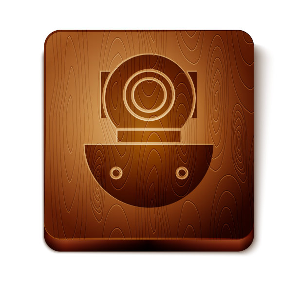 棕色Aqualung图标孤立在白色背景。潜水头盔。在水下潜水设备。木制方形按钮。矢量图图片下载