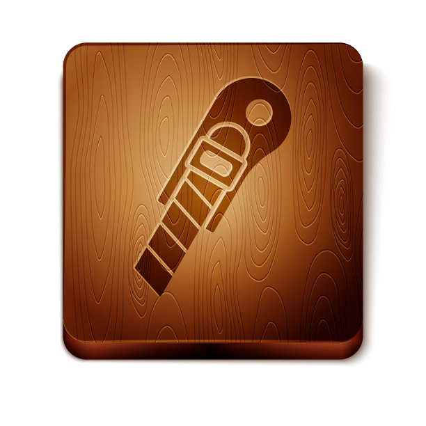 棕色文具刀图标孤立在白色背景。办公室切纸机。木制方形按钮。矢量图图片下载