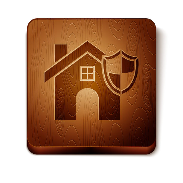 棕色房屋与盾牌图标隔离在白色背景。保险的概念。安全、安全、保护、保护理念。木制方形按钮。矢量图图片下载