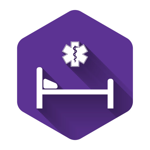 白色医院病床与医疗紧急标志-生命之星图标孤立与长影子。平面设计。紫色的六角按钮。矢量图图片下载