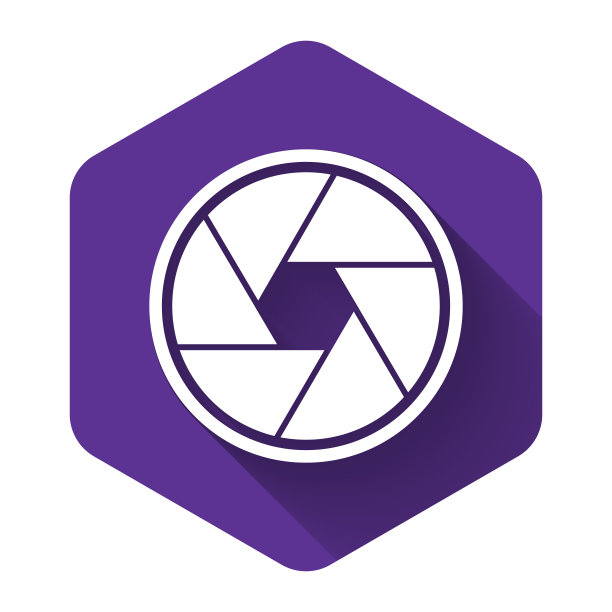 白色快门图标与长阴影隔离。紫色的六角按钮。矢量图图片下载