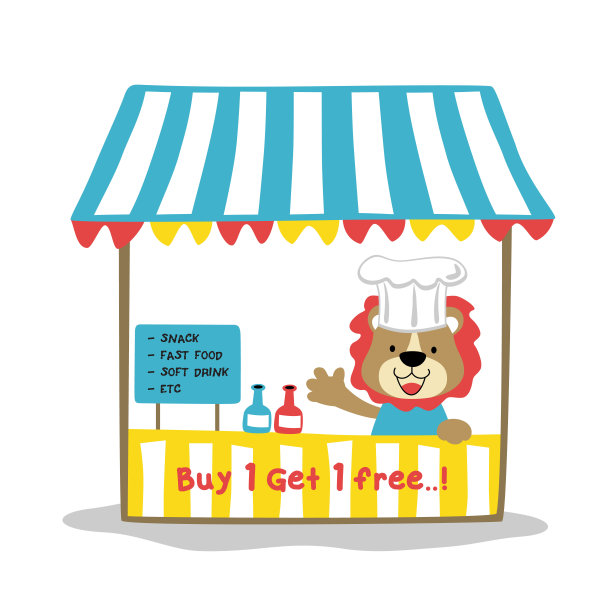 可爱的狮子在小贩摊位，矢量卡通插图图片下载