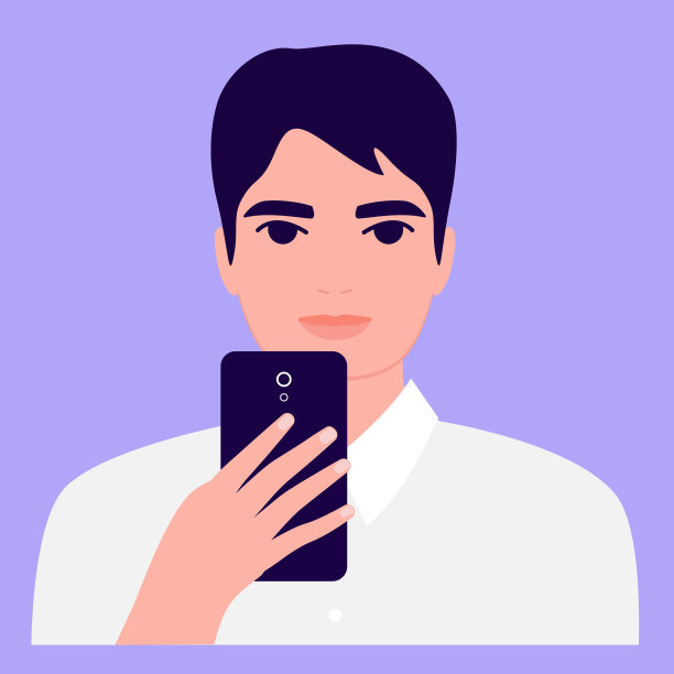 美丽的亚洲年轻人与手机，正面观看。摄影、阅读、聊天。智能手机和网瘾。矢量平面插图图片下载