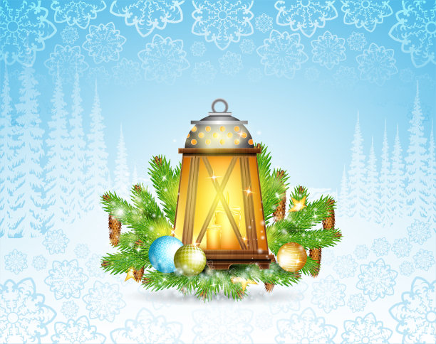 冬季霜冻景观与古董灯和杉树树枝上的蜡烛。圣诞水平背景与雪花图片下载