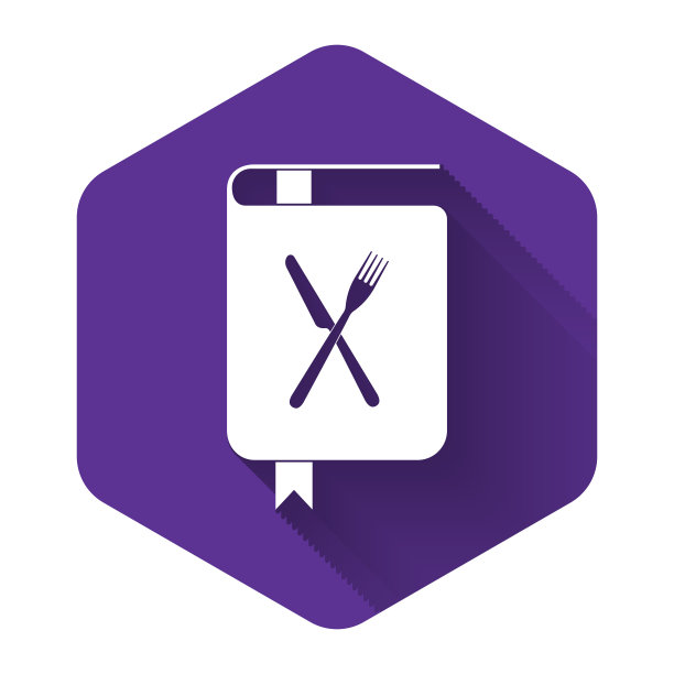 白色食谱图标孤立与长影子。烹饪书图标。菜谱的书。叉子和刀的图标。餐具的象征。餐厅的象征。紫色的六角按钮。矢量图图片下载