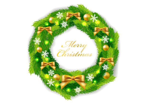 用金色饰品和雪花装饰的圣诞花环图片下载