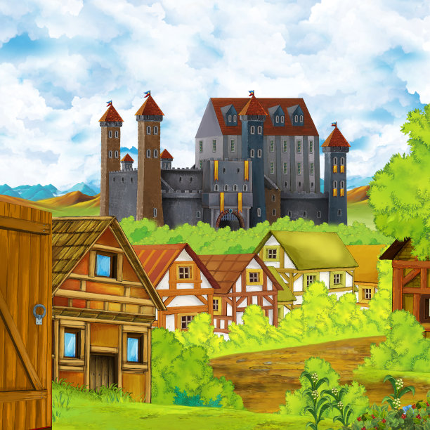 卡通场景与王国城堡和山谷附近的森林和农场村庄定居图片下载