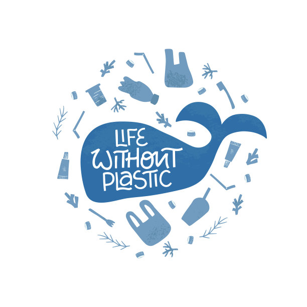 生活没有塑料平面手绘矢量插图。鲸鱼和一次性不可重复使用的塑料图片下载