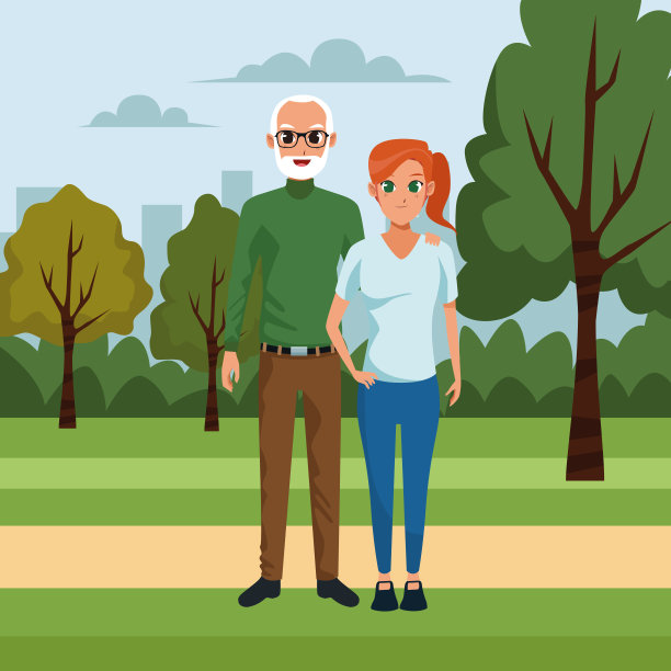 老人和女人在公园里，五颜六色的设计图片下载