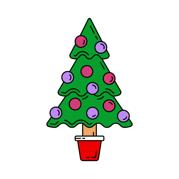 圣诞树，新年线的图标。节日圣诞冬季时尚装饰背景。派对庆典、节日盛事、狂欢派对元素图标。向量的颜色设计。说明的对象。图片下载