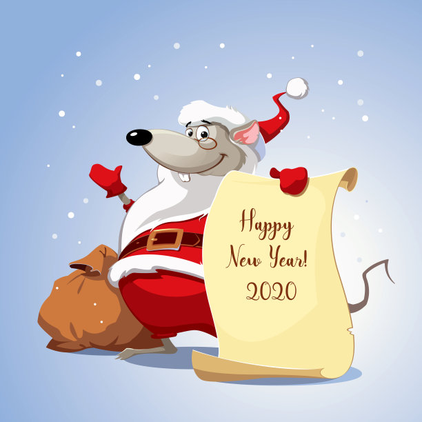 身穿红色圣诞老人服装的老鼠，手挽圣诞问候横幅。图片下载