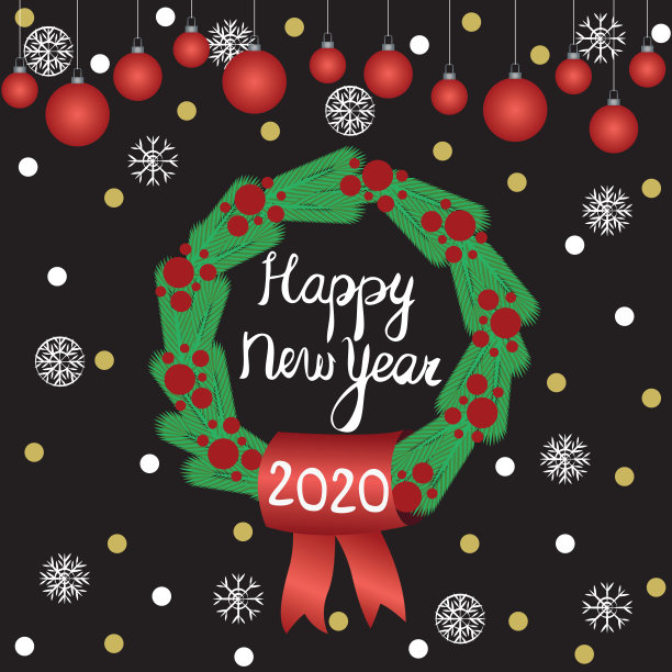 上面写着新年和2020年快乐，圣诞花环和圣诞球。矢量插图上的黑色背景。图片下载