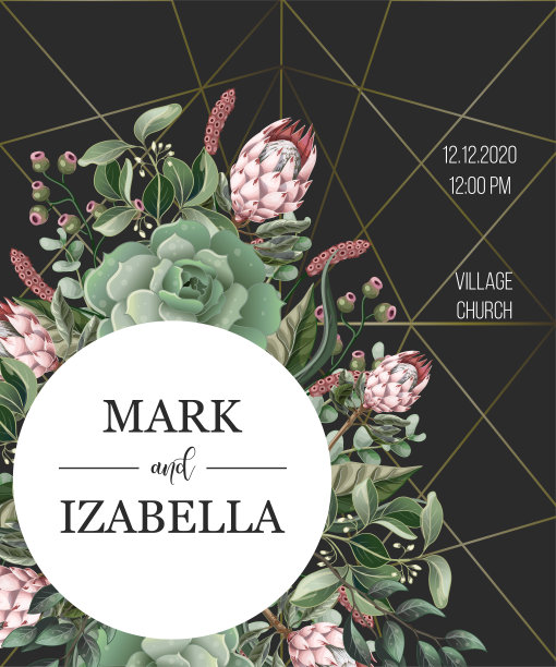水彩风格的婚礼请柬，以叶子、protea花、多肉和金色元素为主图片下载