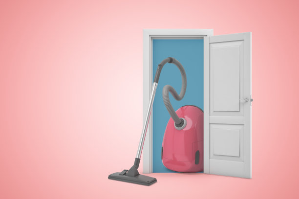 非常大的粉红色吸尘器站在门廊上的3d渲染。图片下载