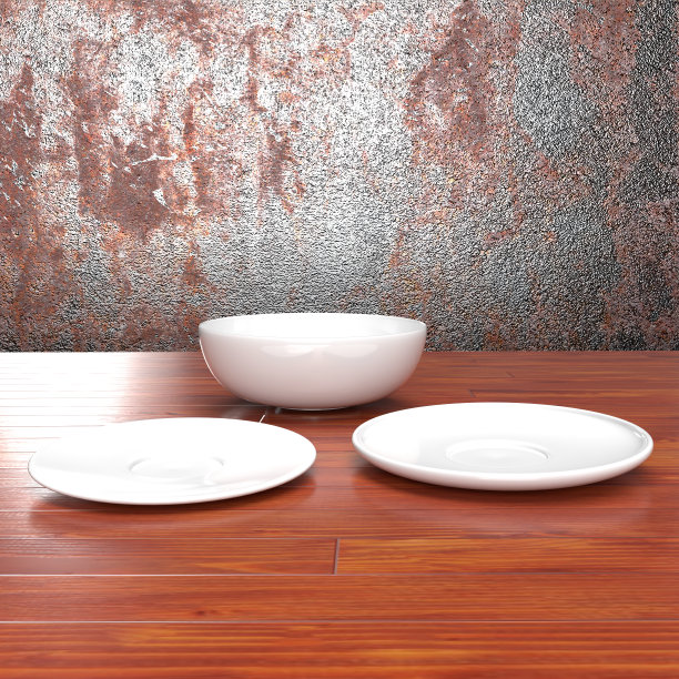 盘子设置在厨房柜台3D渲染图片下载