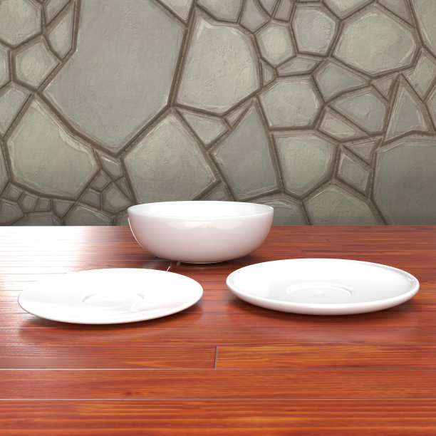 盘子设置在厨房柜台3D渲染图片下载