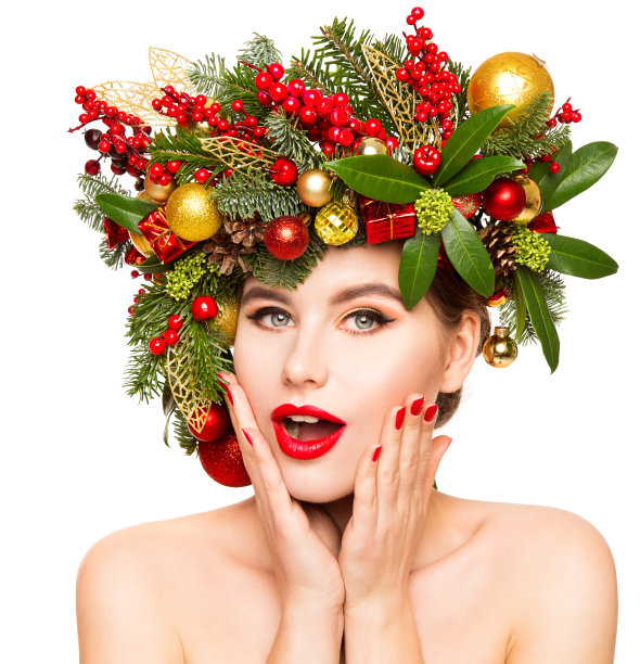 圣诞女人脸美妆，花环发型。圣诞时尚模特肖像，美丽的女孩在白色图片下载