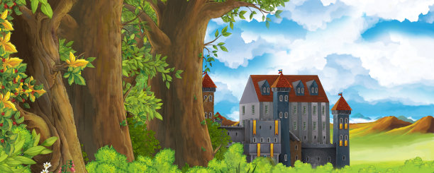 卡通自然景观与美丽的城堡附近的森林图片下载