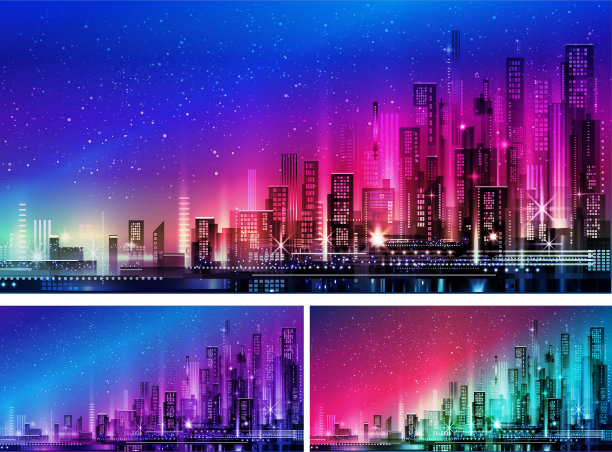 矢量夜市插图霓虹灯和生动的颜色。图片下载