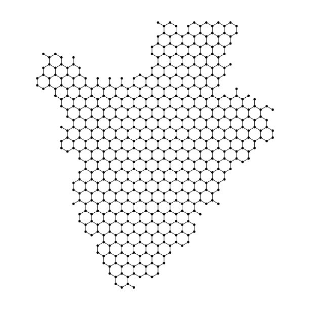 布隆迪地图从抽象的未来六边形形状，线，点黑色，形式的蜂窝或分子结构。矢量插图。图片下载