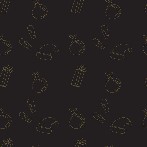 向量无缝模式与一条线的金色圣诞装饰，礼物，手套和帽子在黑色孤立的背景。冬季背景墙纸，织物，印刷品，卡片，包装。图片下载