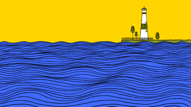 极简山水线条艺术水墨画，海浪背后有灯塔图片下载