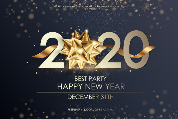 新年快乐2020冬季节日贺卡设计模板。晚会海报、横幅或邀请金闪闪的星星、五彩纸屑闪闪发光的装饰。矢量背景与金色礼物弓图片下载