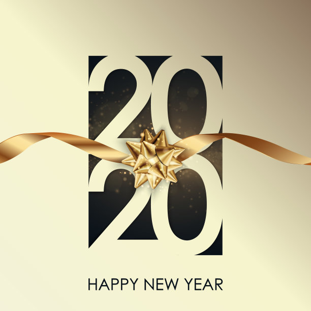 新年快乐2020冬季节日贺卡设计模板。晚会海报、横幅或邀请金闪闪的星星、五彩纸屑闪闪发光的装饰。矢量背景与金色礼物弓图片下载