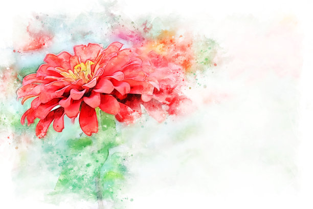 抽象的彩色形状上的粉红色花朵盛开在水彩插画背景。图片下载