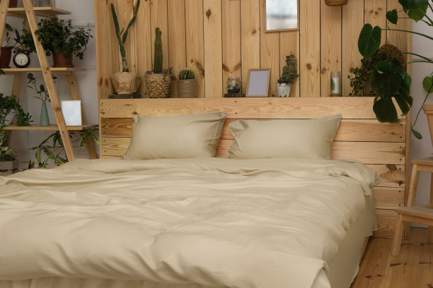 植物卧室内部的真实照片与木架子，双人床和植物。卧室内部是木制的，床旁边有植物和枕头。图片下载