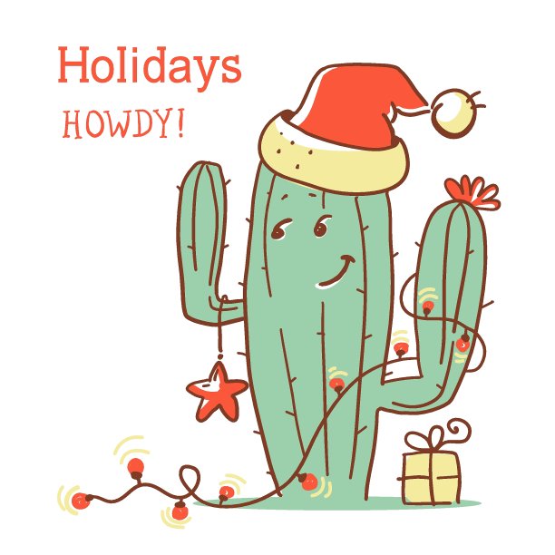 快乐的牛仔圣诞卡片与仙人掌在圣诞老人的帽子和星星装饰上白色。牛仔圣诞贺卡和短信图片下载
