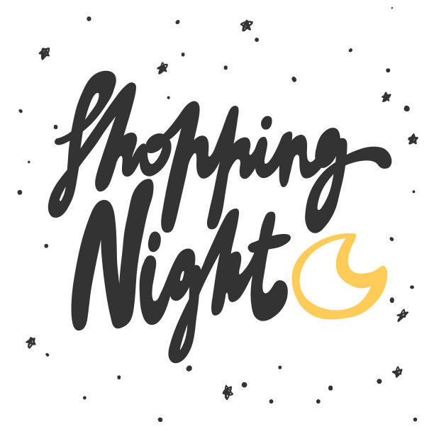 晚上购物。矢量手绘插图与卡通字母。图片下载