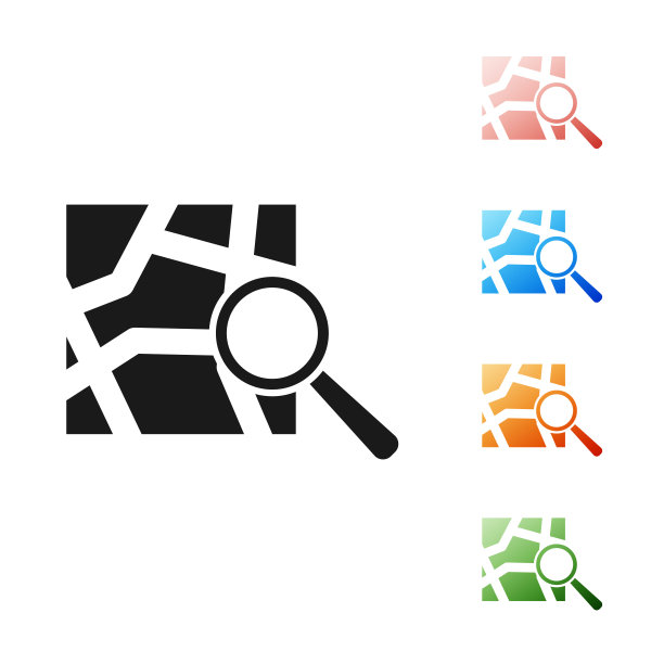 黑色折叠地图与位置标记图标孤立的白色背景。设置图标丰富多彩。矢量图图片下载