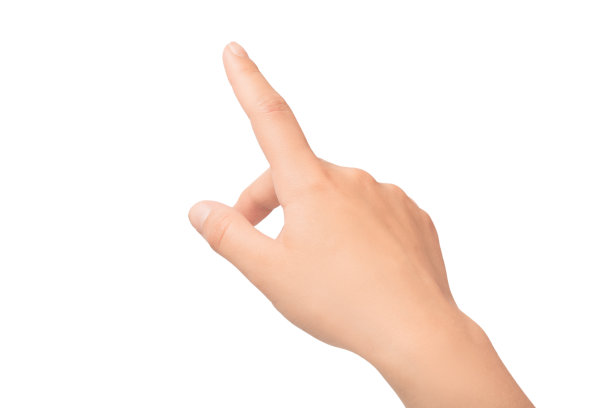 美丽的女性手指指着什么，孤立在白色的背景图片下载