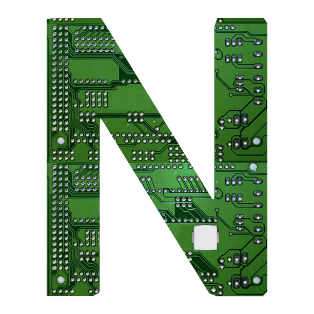 字母N，电路板风格的字母表。数字高科技字母孤立在白色。三维演示图片下载