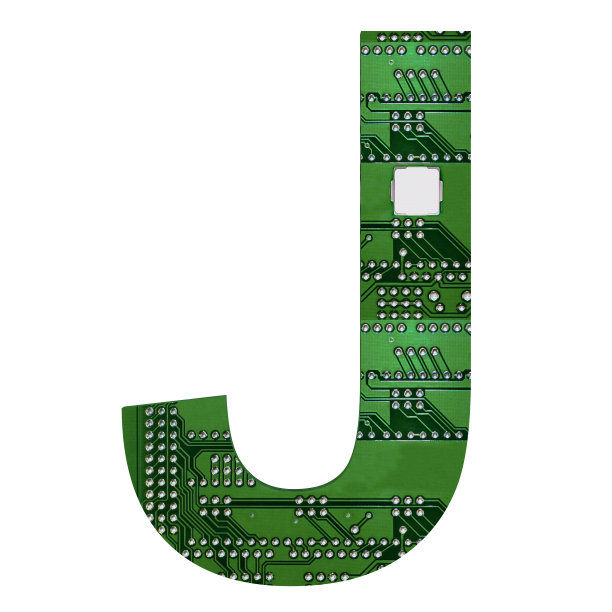字母J，电路板风格的字母表。数字高科技字母孤立在白色。三维演示图片下载