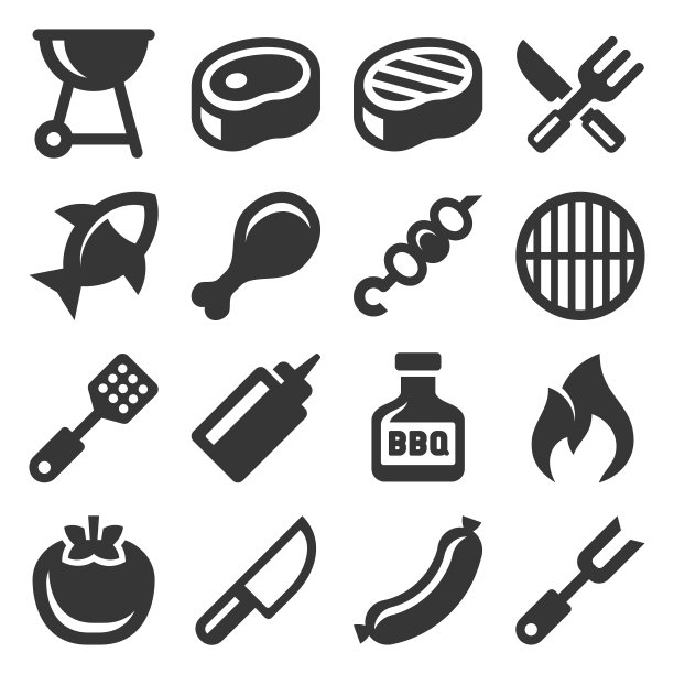烧烤和烧烤图标设置在白色背景。向量图片下载