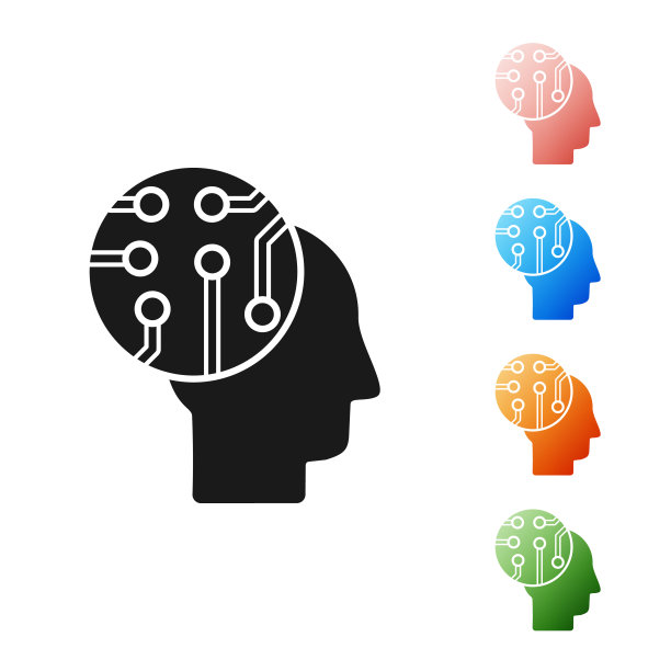 黑色人脑作为数字电路板图标隔离在白色背景上。人的头部轮廓，里面有线路。设置图标丰富多彩。矢量图图片下载