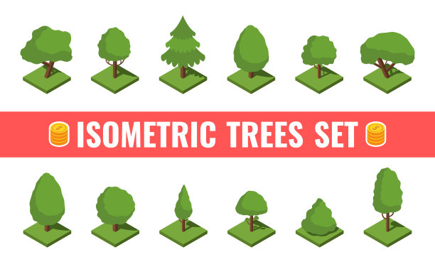 大的等距树集。大大小小的树木，松树，灌木，被砍伐的树，仙人掌，棕榈树。矢量插图。图片下载