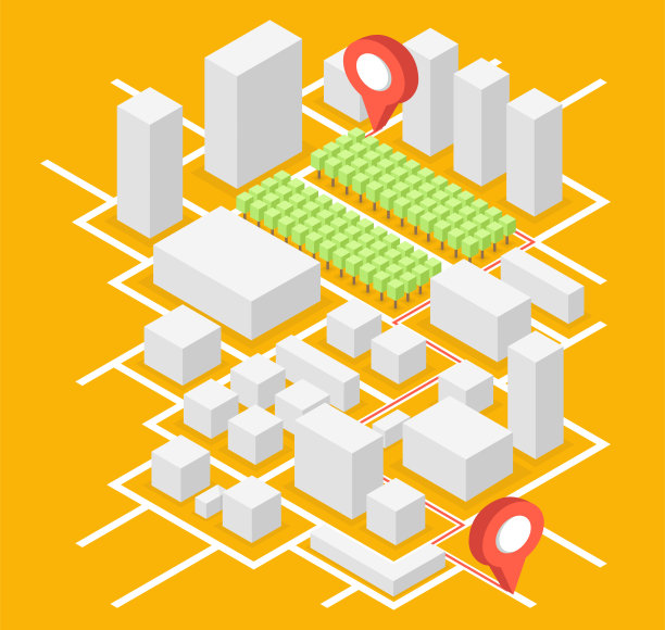 城市等距地图：城市摩天大楼、树木和道路矢量素材图片下载