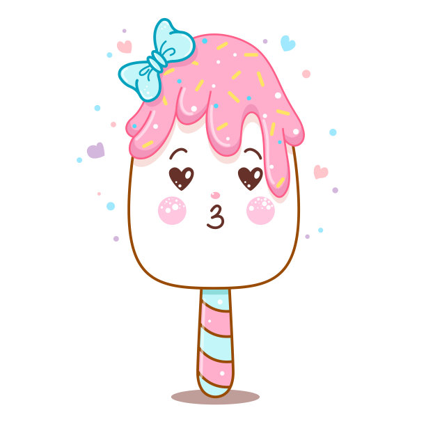 可爱的矢量冰淇淋与粉色釉在手绘风格。矢量冰淇淋酒吧与弓和彩色浇头孤立在白色背景。冰淇淋卡通人物插画。图片下载