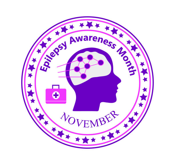在美国，癫痫病宣传月于11月举行。紫色的丝带，大脑，星星都显示出来了。图片下载