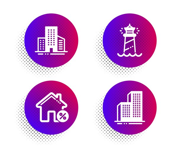 建筑物，贷款屋和灯塔图标集。摩天大楼的建筑标志。向量图片下载