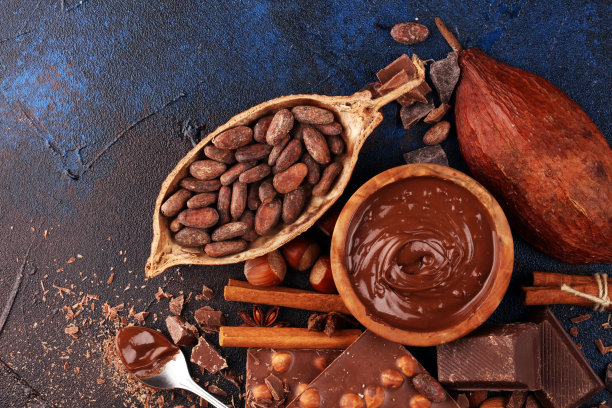 巧克力块和融化的漩涡可可。甜食照片的概念。桌上的大块碎巧克力图片下载