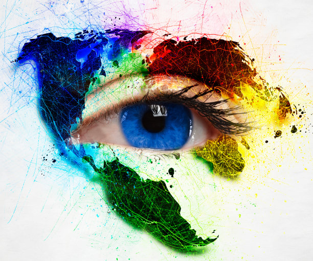 蓝眼睛近距离和地球地图作为组成。生态系统概念图片下载