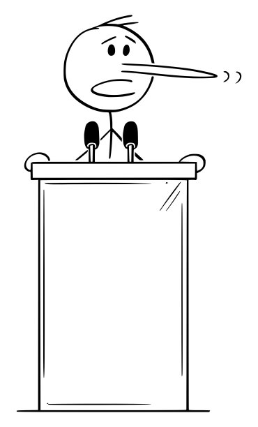 矢量卡通插图说谎的政客长鼻子讲话在讲台上的讲台后面图片下载