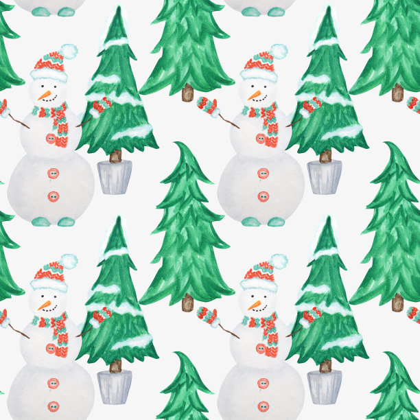 无缝模式新年圣诞树和雪人孤立在白色的背景。手绘复古卡片，织物纸纹理设计。水彩冬季自然插画图片下载