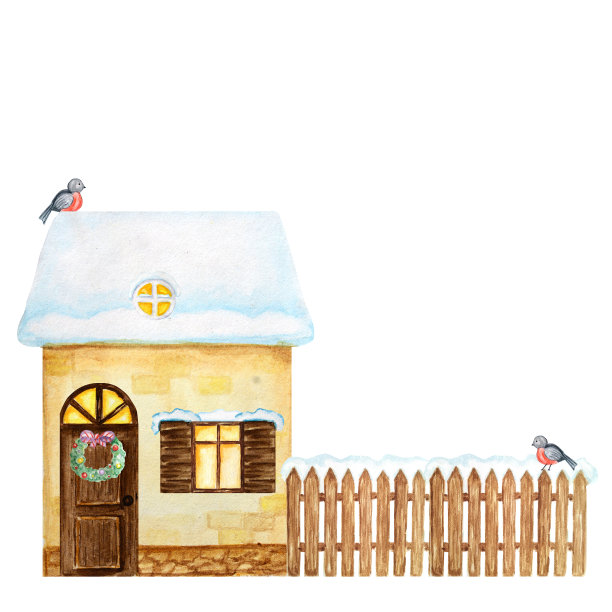 卡通冬天黄色的房子，棕色的木栅栏与雪和红腹灰雀的鸟夫妇。前视图。水彩贺卡，海报，横幅概念与文本复制空间。图片下载
