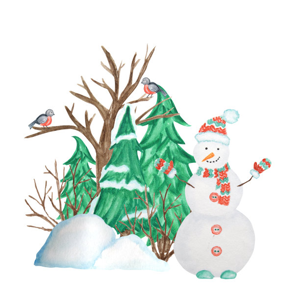 装饰圣诞树在冬天用雪，雪人和红腹灰雀夫妇和雪堆。前视图，箭头指向。水彩贺卡，海报概念与文本复制空间。图片下载